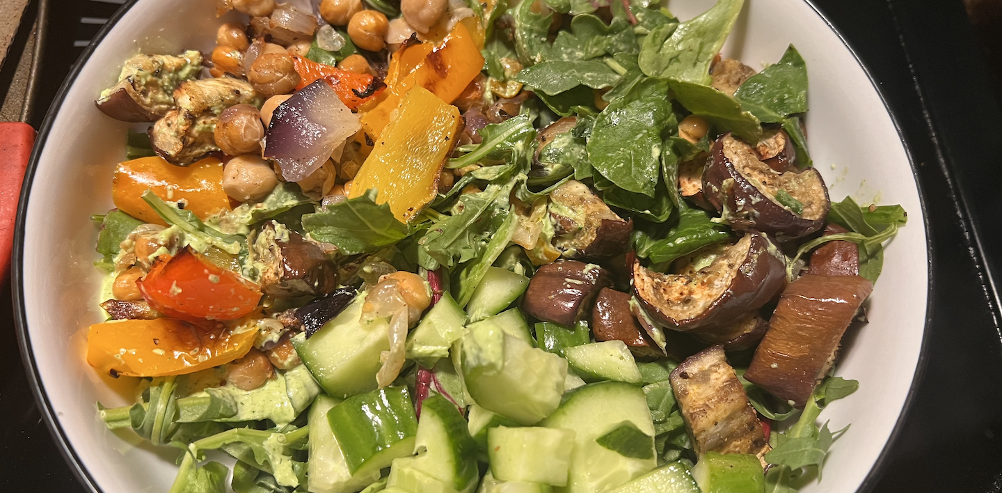Eggplant and Veggie Bowl with Cilantro Dressing